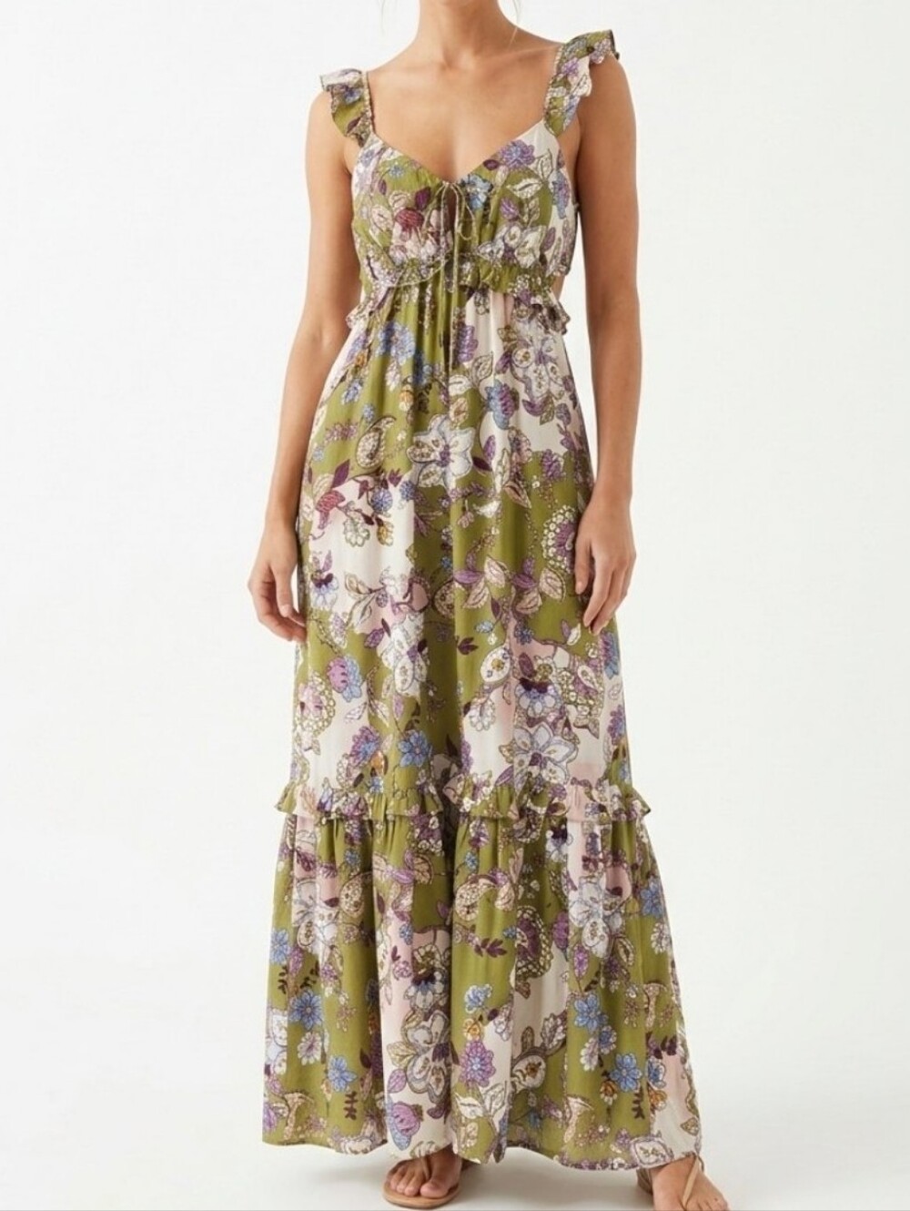 Monteau Los Angeles Women's Maxi Dress Floral Print Green Rayon Nylon Sz S
